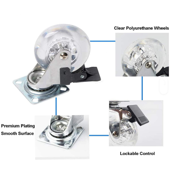 2-Inch 3-Inch and 4-Inch 100 mm Clear Swivel Brake Caster Wheels Made of Silicone for Office Chairs Cabinets and Furniture