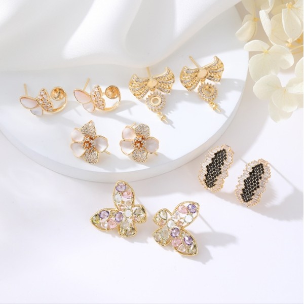 Brass 14k Gold Plated Zircon Studs Butterfly Enamel Flower Earring for Women's Fashion Earrings Accessories