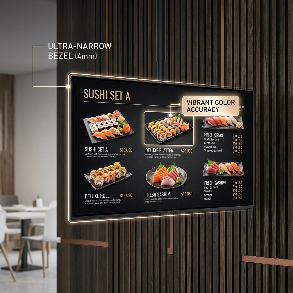 QM-4915GPW 49 Inch 4K UHD Android Digital Menu Board with Multi Screen Sync Playback for Restaurants