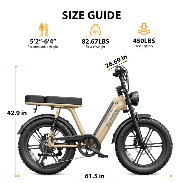 TST Carbon Steel Frame Electric Bike for Adults 250W for Rear Hub Motor 60 Miles Fat Tire Yellow