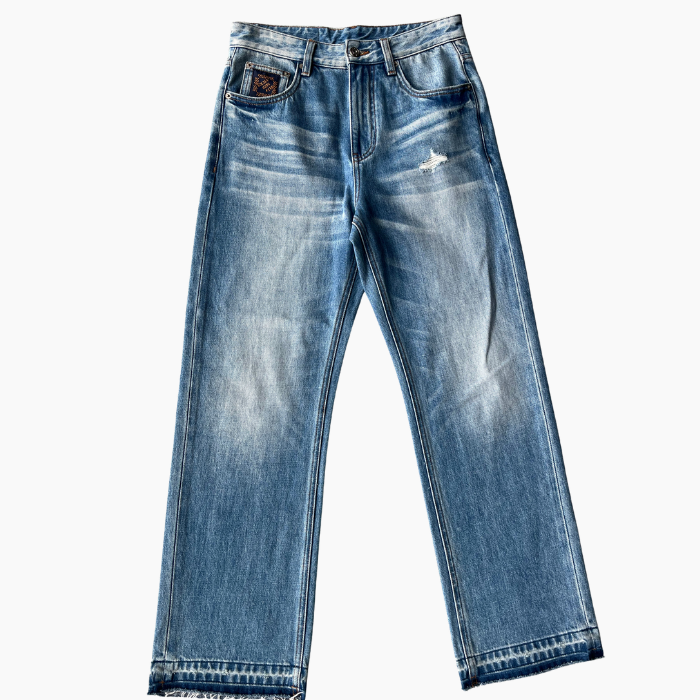 Horizon Faded Men's Jeans Ripped Raw Hem Wide Leg Jeans Mid Waist