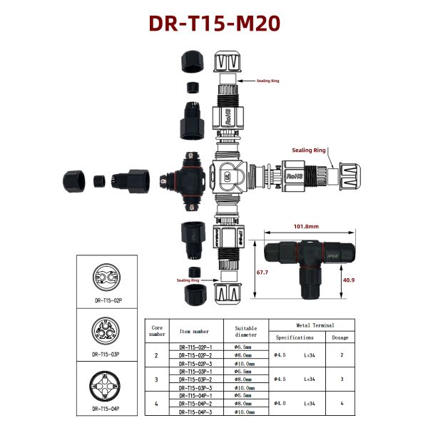 M15 водонепроницаемый соединитель IP68 наружная электрическая разъединительная коробка для двухконечных кабелей UL сертификация