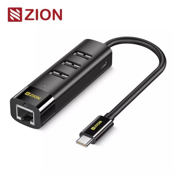 Type-C/100Mbps Ethernet Adapter + 3-Port USB 2.0 Hub Black  All-in-One USB-C Network And Expansion Solution