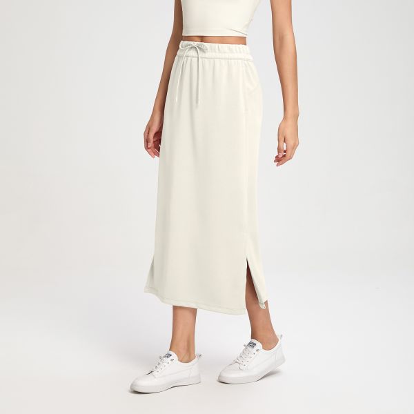 Women's Cotton Blend Midi Skirt Elastic Waist Side Slit Chocolate Brown with Pockets