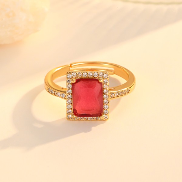 Wholesale Fashion Brass 18K Gold Plated White Red Green Zircon Adjustable Personalized Open Irregular Unisex Ring