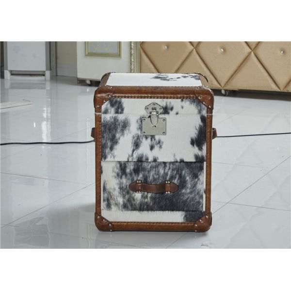 Vintage Style Leather Storage Trunk Cow Leather Fur Material 1 Drawer Top Genuine Handle