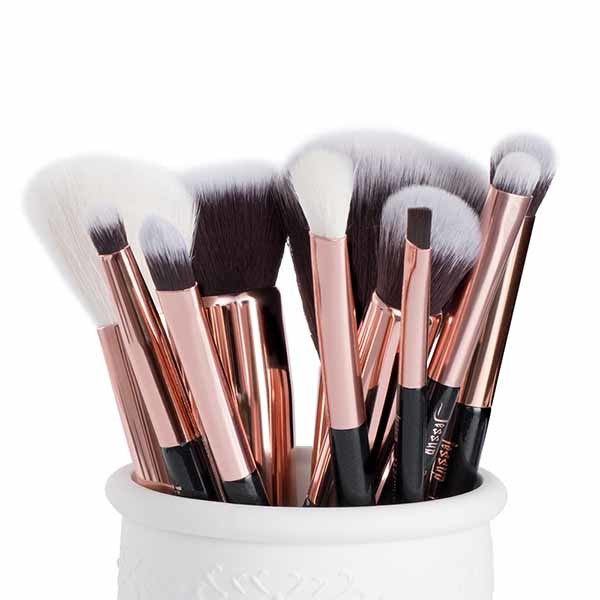 Jessup 10pcs Real Hair Makeup Brush Set Black And Rose Gold Makeup Brushes