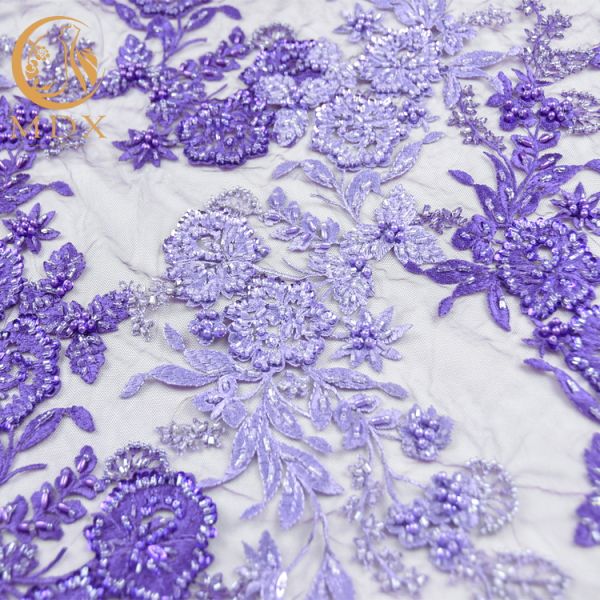 OEM Handwork Purple Beaded French Lace Fabric Embroidered