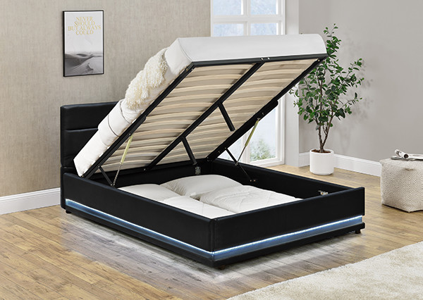 Black Faxu Leather Ottoman LED Storage Bed