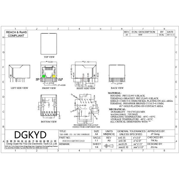 RJ45 Connector Integrated With Gigabit Network Interface, Single Cell Network Port Socket DGKYD111Q070CC2A1D