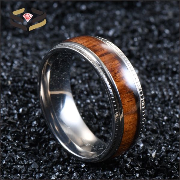 Bandas de titanio de bodas de 8 mm para hombres con color de incrustación de madera Koa