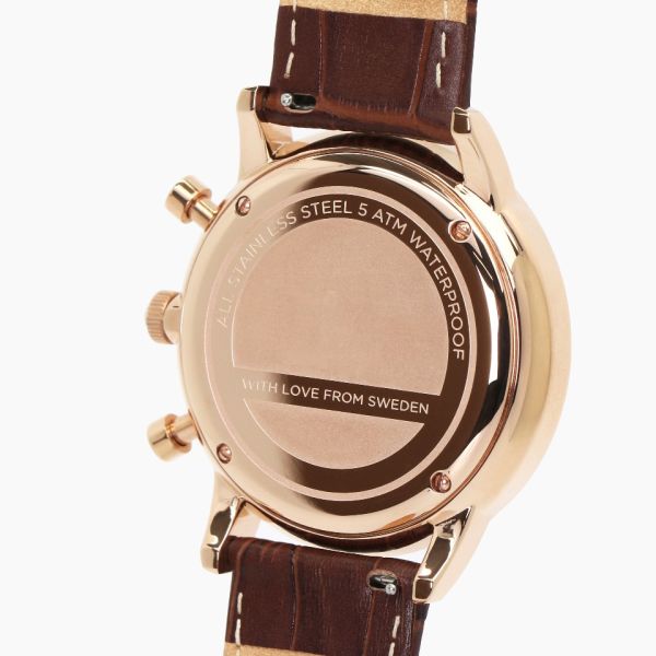 Brown Stainless Steel Chronograph Watch Mens Leather Strap Watches Mineral Crystal