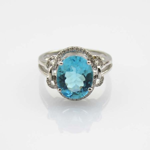 925 Silver Oval Blue Topaz Gemstone  Ring with CZ Diamons (R261)