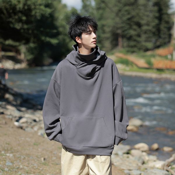 Vintage Turtleneck Windproof Face Cover Hoodie, Unique Introvert Street Casual Sweatshirt
