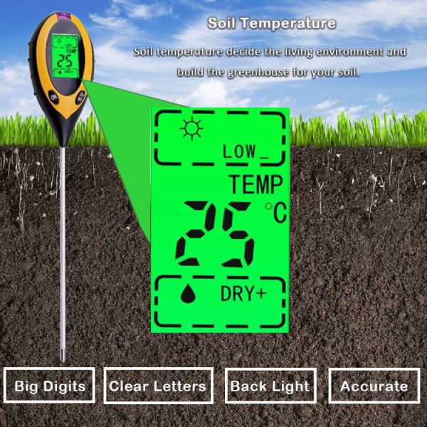 LCD Display Digital 4 in 1 Soil PH Meter with Temperature Moisture Sunlight Tester