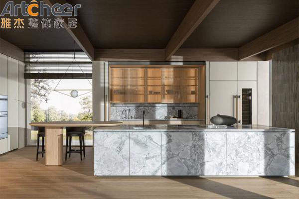 Armário de cozinha moderno e elegante com revestimento de carvalho claro laminado e tamanho personalizável