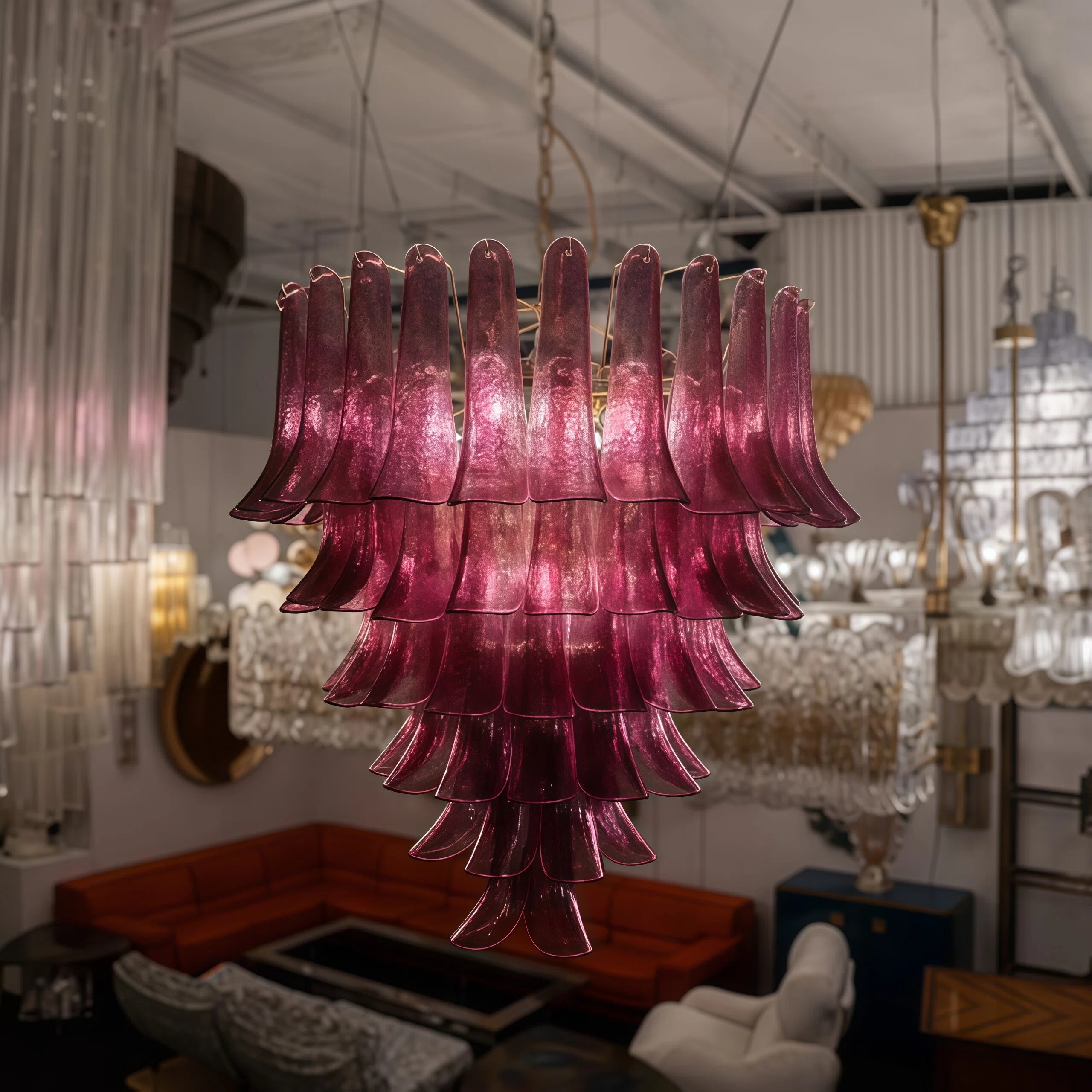 JYLIGHTING Luxury Cascading Pink Glass Pendant Chandelier, Stainless‑Steel Framed Decorative Hanging Light for Reception Room and Upscale Residential Projects