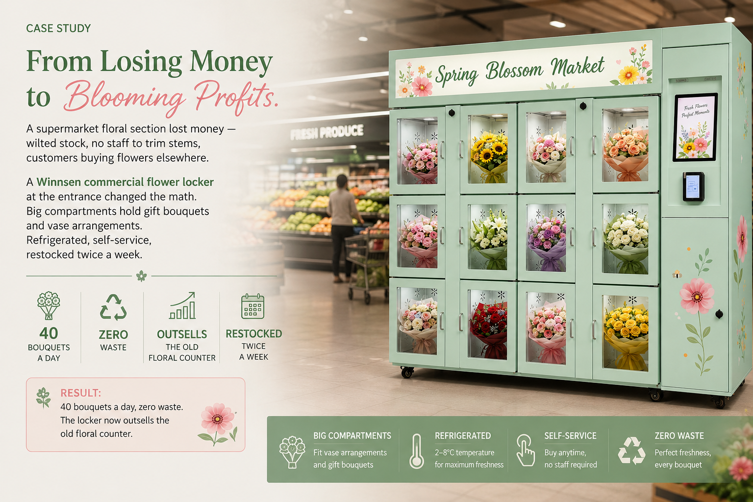 Refrigerated Fresh Flower Vending Machine with 15.6-inch Touchscreen and Remote Monitoring for Supermarkets