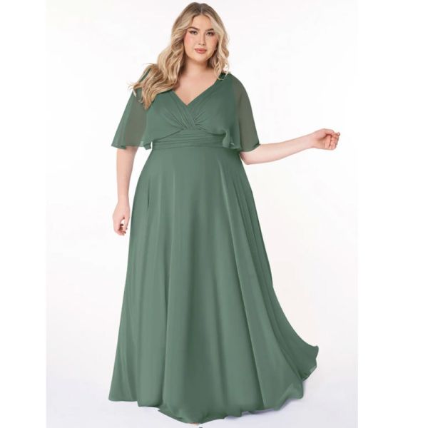 Vintage Elegant A-Line V-Neck Pleated Chiffon Floor-Length Bridesmaid Dress V-back Short Sleeves Pleated