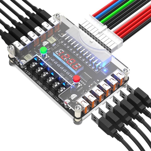 New Version ATX Power Supply Breakout Board with Acrylic Case Kit Featuring 3.3V, 5V, 12V, -12V Output and 12 Ports USB 2.0 Hub with 3A Maximum