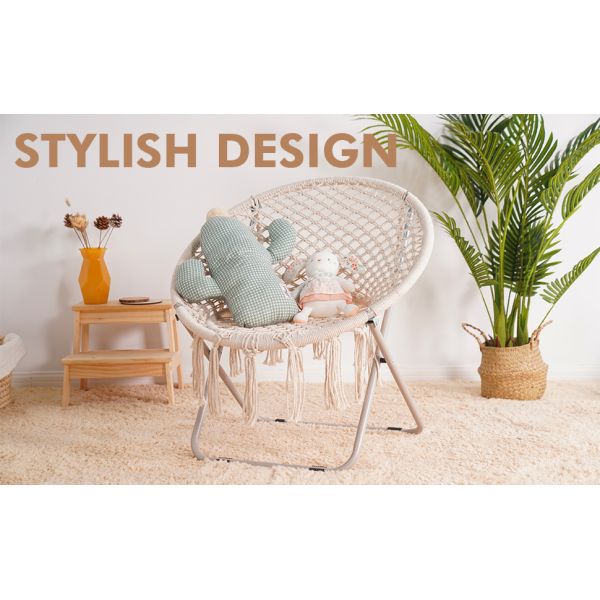 Saucer Chair with Folding Metal Frame, 100% Cotton Handmade Round Cozy Chairs, Exquisite Moon Chair for Bedroom