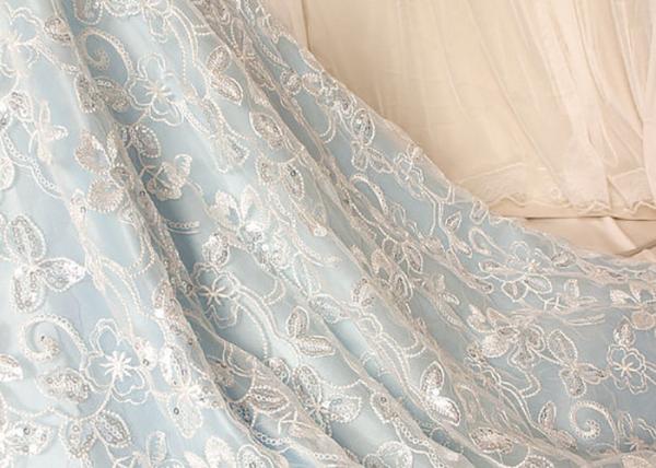 White Floral Embroidery Corded Lace Fabric With Beads And Sequins For Wedding Dress