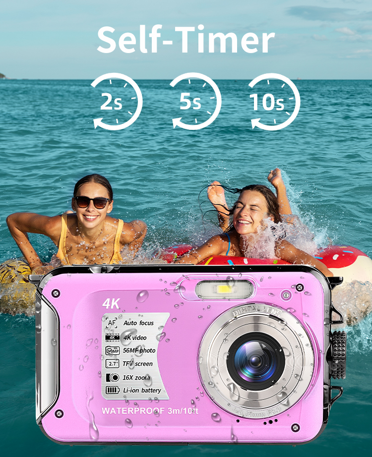 4K Underwater Camera 56MP UHD Video 16X Digital Zoom Anti Shake Auto Focus 2.7 Inch HD Screen for Snorkeling Diving and Swimming
