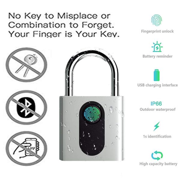 Bike Fingerprint Unlock Security Zinc Alloy Smart Electronic Padlock Waterproof Anti-theft
