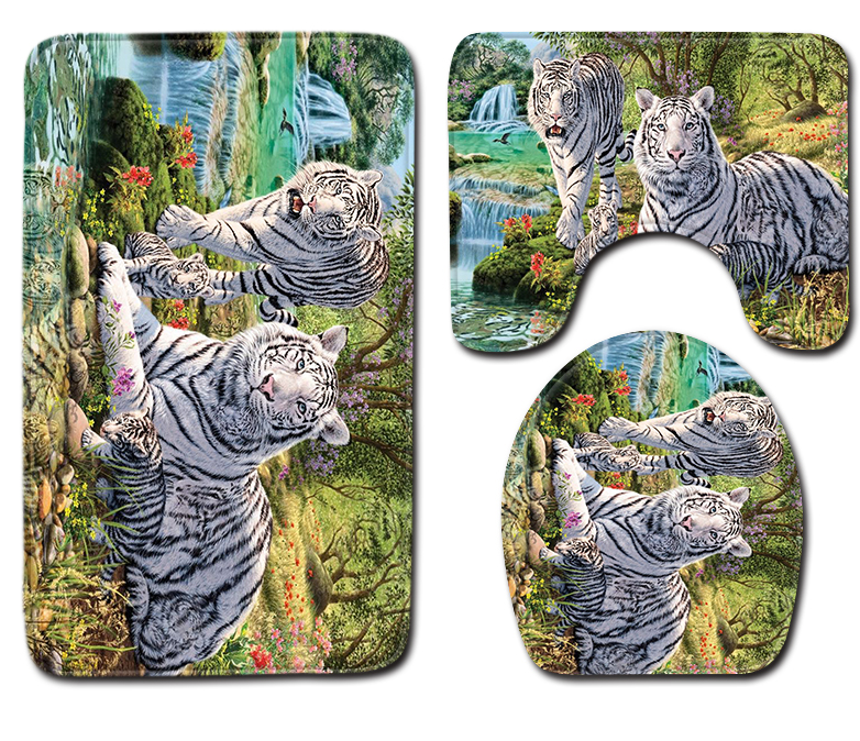 Wild Animal Toilet Seat Cushion Tiger Leopard 3pc Bathroom Rug Set