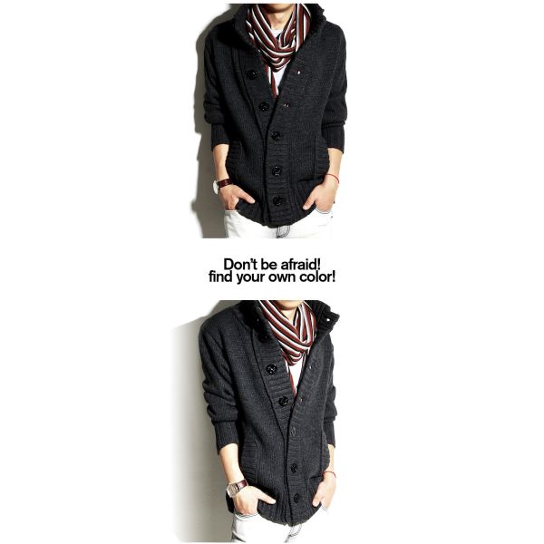 Autumn Winter Men's Stand Collar Sweater with Thick Needle and Single Breasted Buckle