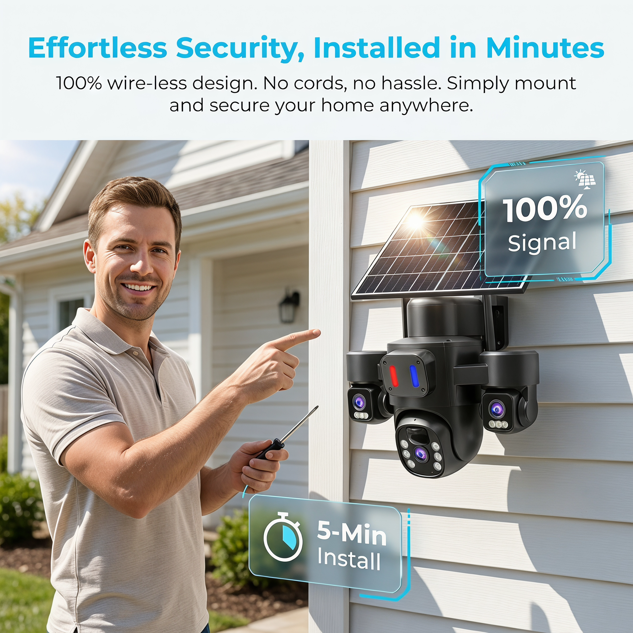 Solar Powered Wireless Outdoor Security Camera, 14 PCS LED Fill Lights, PIR Human Motion Detection, WiFi Connection, IP66 Weatherproof Two-Way Audio Surveillance Camera for Yard Garage Home Monitoring
