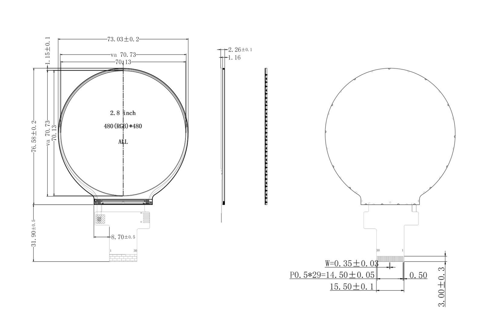 2.8 Inch 480X480 Round TFT Display With MIPI Interface 30 PIns ST7701S Driver IC