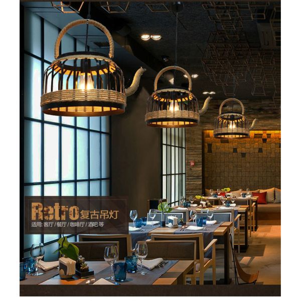 American Retro Teapot Industrial Pendant Lights Living Room Kitchen Rope Pendant Light(WH-VP-192)