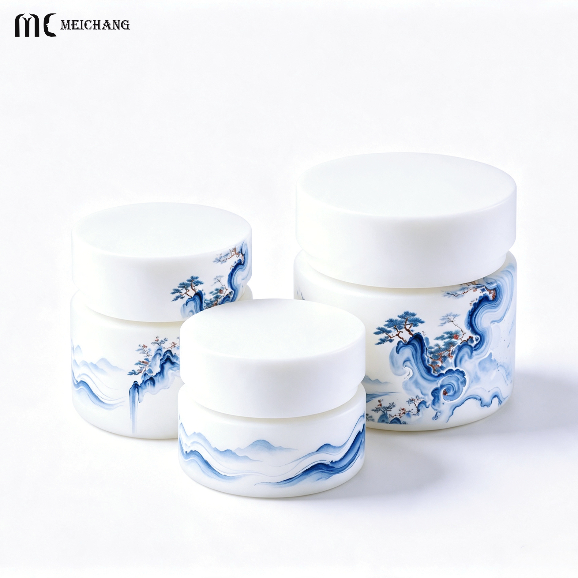 Blue & White Oriental Design Light-Blocking Glass Skincare Bottle with UV Protection Coating and Customizable Decoration