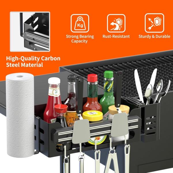 Caddy de rangement d'accessoires de barbecue pratique avec porte-outils magnétique et porte-serviettes en papier
