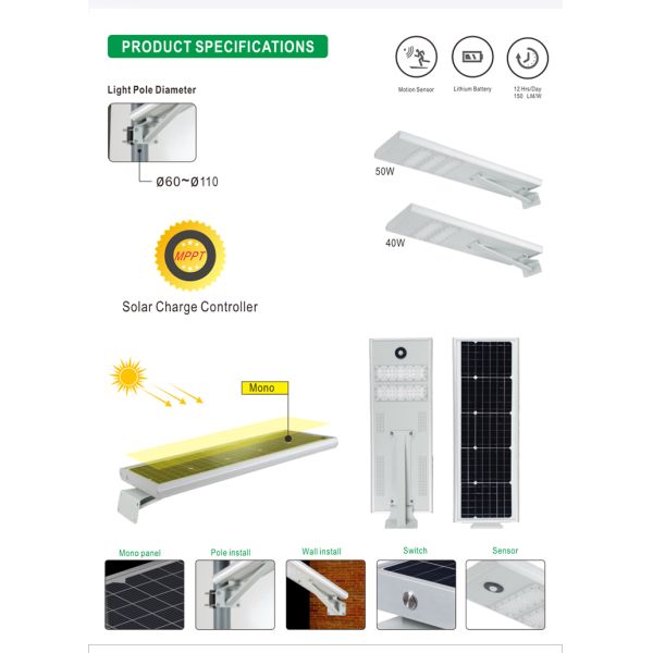 Polycrystalline 10V/40-60W Aluminum IP65 Integrated All In One Solar Street Light