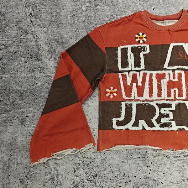 Custom Logo 280-300 Gsm Cotton Distressed Embroidery Acid Washed Raw Hem Cropped Striped Long Sleeves T Shirt for Men