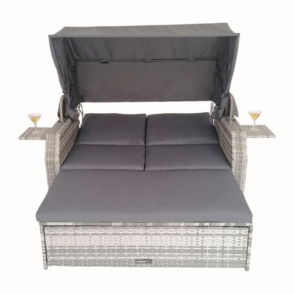 Leisure Outdoor Rattan Double Sun Bed Rattan Wicker Chaise Lounge Daybed With Canopy