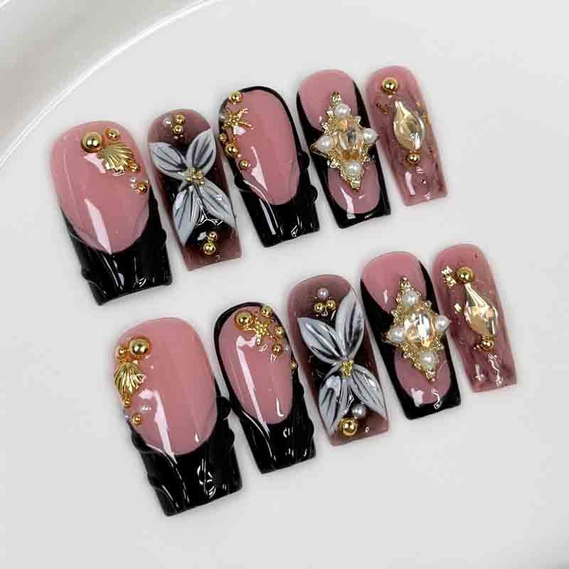 Long Square Handmade Fake Nails 3D Butterfly Gold Shell Pearl Metal Nail Tips