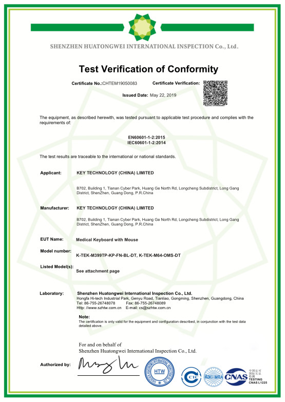 Key Technology ( China ) Limited Certifications