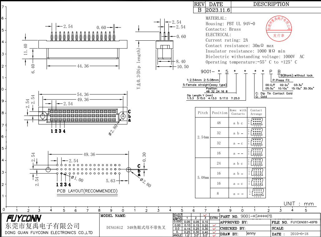 3 Rows Female DIN41612 Connector 48 Pin 13mm Press Pin DIN 41612 Connector