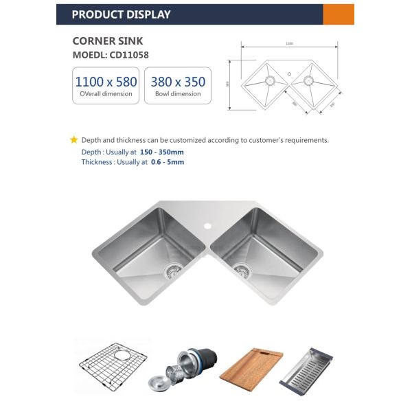 Double Bowl Undermount Corner Kitchen Sinks Stainless Steel 110x58