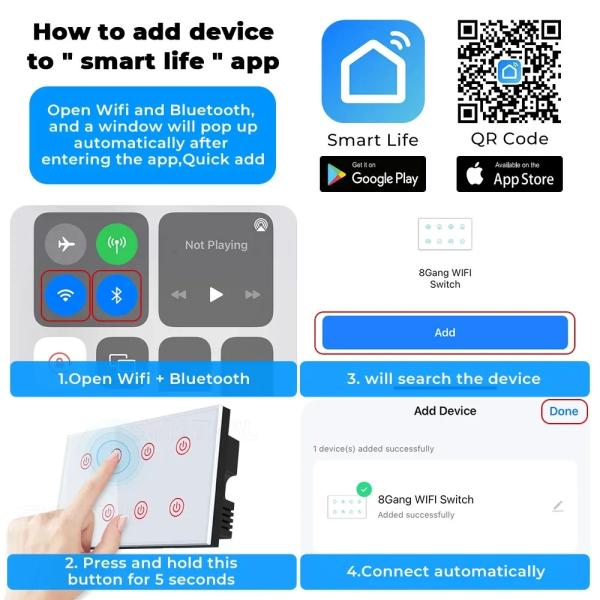 Glomarket Smart Home 8 Gang Wall Switch US Standard Tuya Voice APP Remote Control Wireless Wall Touch Light Switch