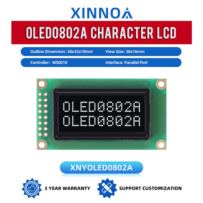 OLED0802A Character LCD Display Module, Black Film, WS0010 Controller, Parallel Port Interface, 58x32x10mm Working Temperature -40+80 Display
