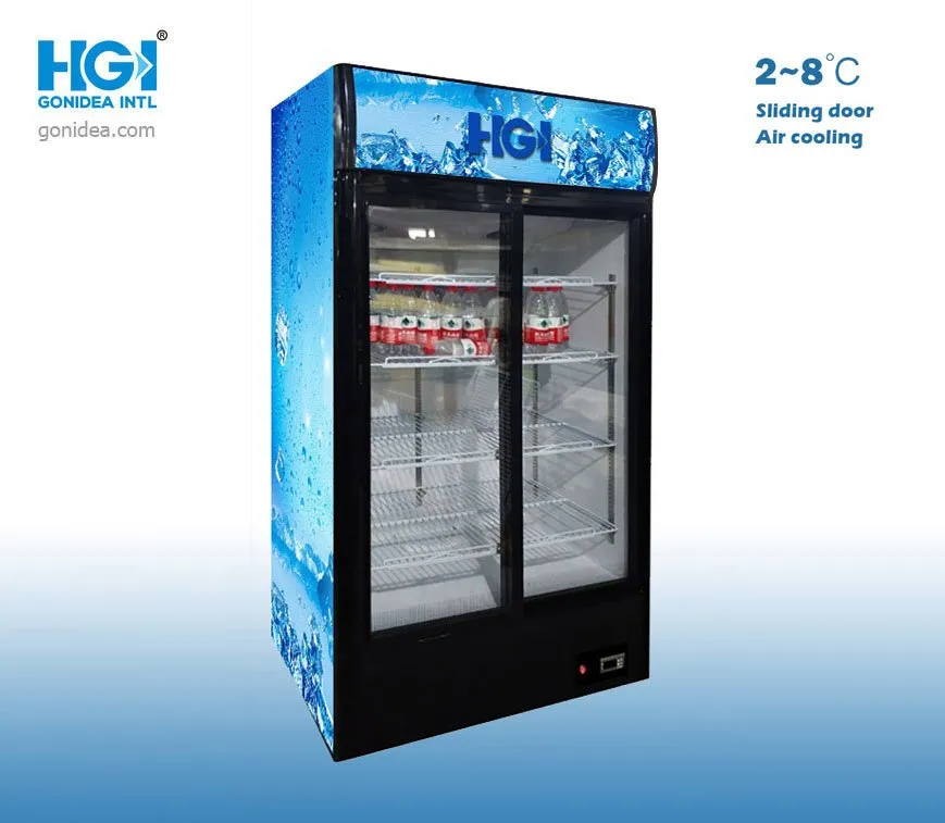 600L Double Glass Door Upright Refrigerated Showcase Beverage Cold Storage Showcase