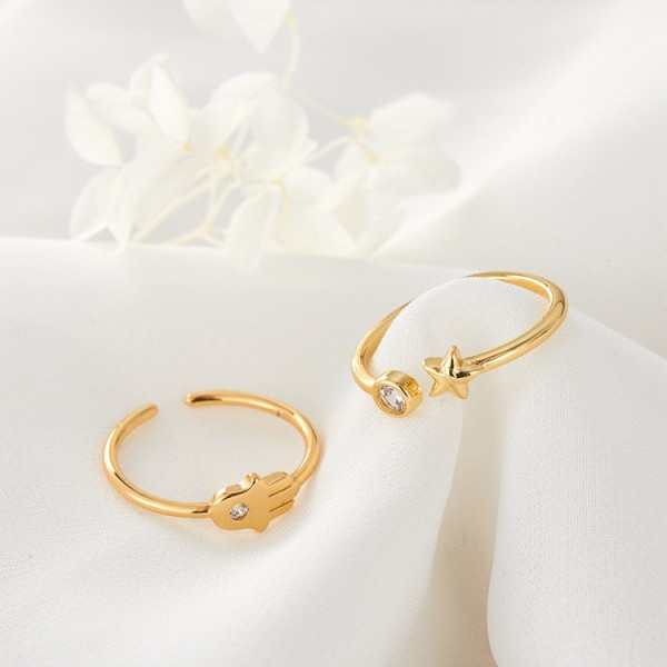 Simple Brass Micro-set Zircon 14K Gold Plated Hamsa Hand Star Shape Adjustable FashionJewelry Ring
