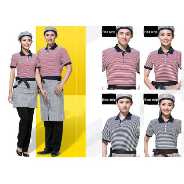 Stripe T shirt Short Sleeve Restaurant Staff Uniforms for Men and Women
