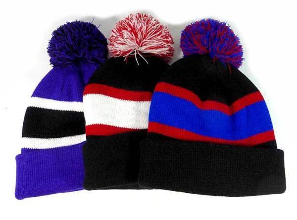 Black And White Strips Knit Pom Pom Beanie For Adults Embroidery Logo Founded