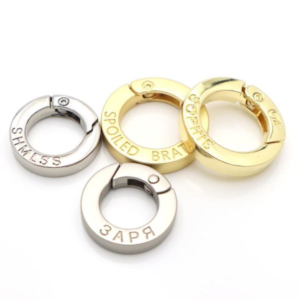 Custom Brand Logo Engraved Round Spring Clasp Metal Spring Ring Carabiner for Keychains/Handbags