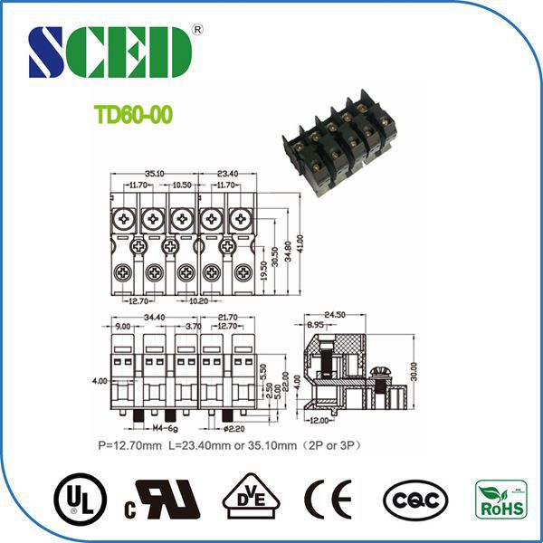 Pinfeed 3 через черноту ПК 600V тангажа 12.7mm терминального блока
